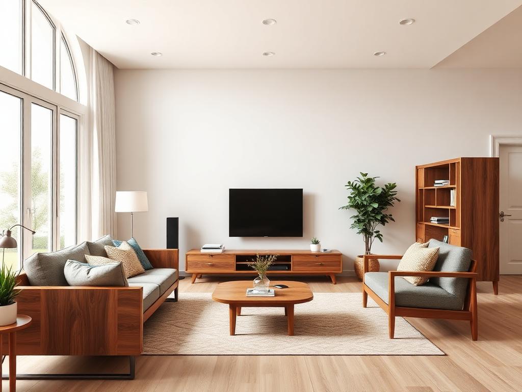 Custom-made modern wooden furniture in a bright, styled living room