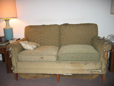 Flattened and stained sofa seat cushions with collapsed foam